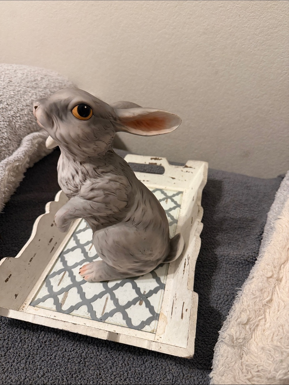 Gray Ceramic Bunny Figurine with Peach Ear Detail